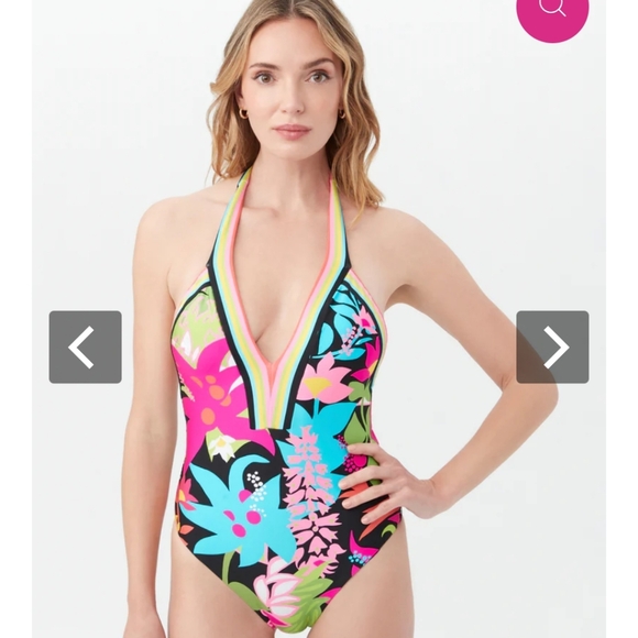 Trina Turk Size 12 Tiki Plunge V Neck Vibrant One Piece Swimsuit Halter Floral - Picture 12 of 14